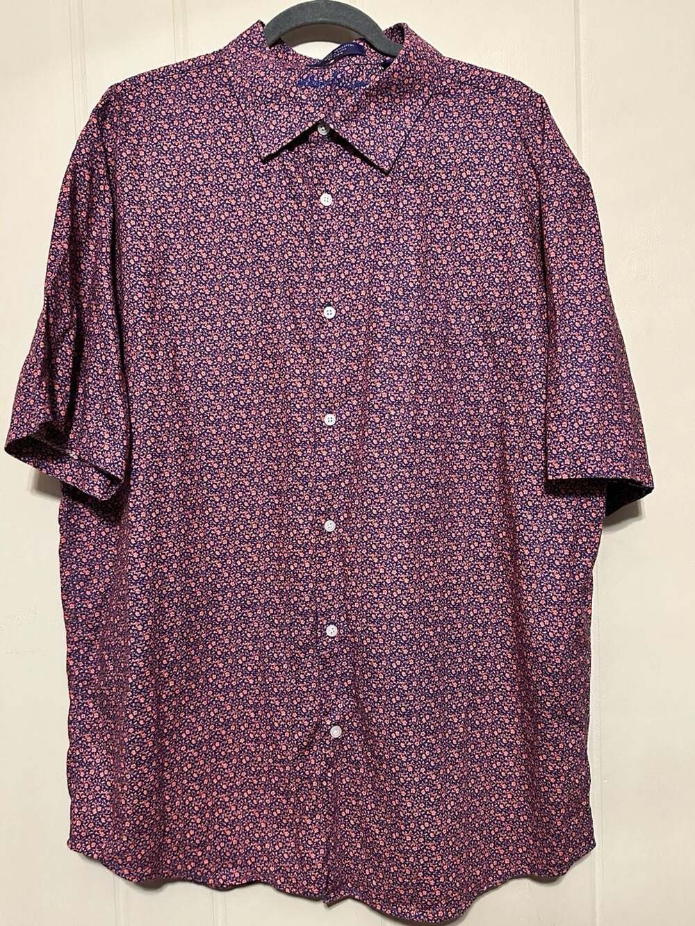 Alan Flusser Shirt Mens Linen Blend Button Up Large Relaxed Navy Pink Floral